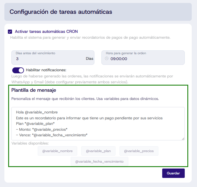 Plantilla de mensaje